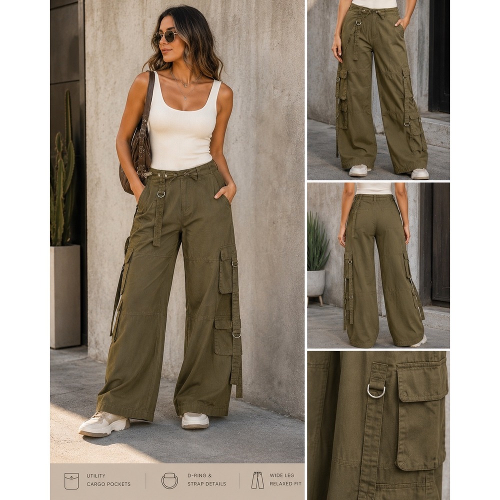 Angel Kiss Olive Green Wide Leg Cargo Pants Utility Strap D-Ring Streetwear M